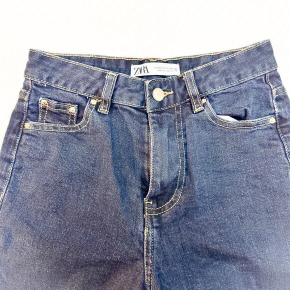 Zara Wide Leg Raw Hem Dark Wash Denim Jeans Contrast Stitch Size 2 MINT - Picture 7 of 8